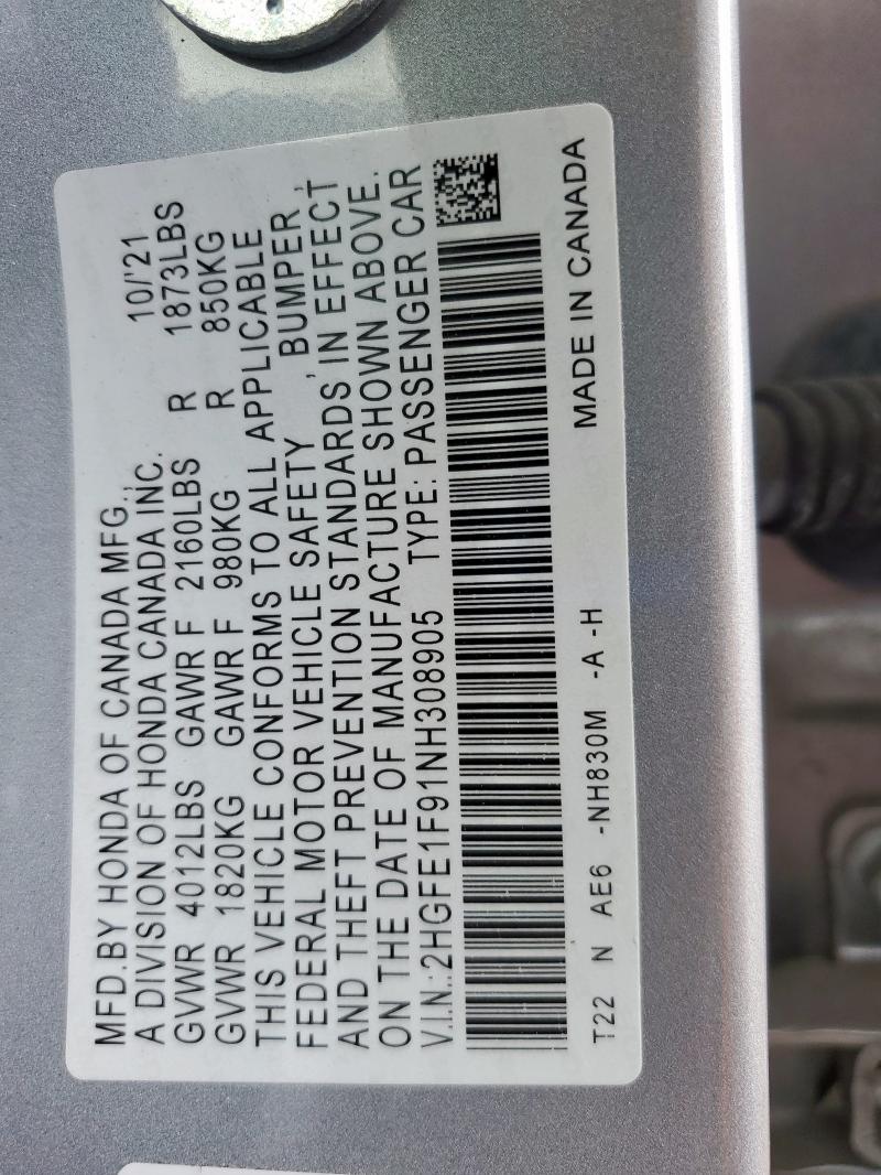 2022 HONDA CIVIC TOUR 2HGFE1F91NH308905