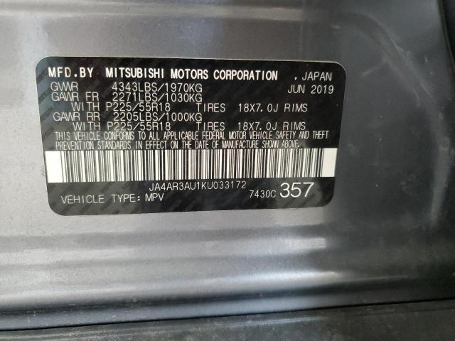 2019 MITSUBISHI OUTLANDER JA4AR3AU1KU033172