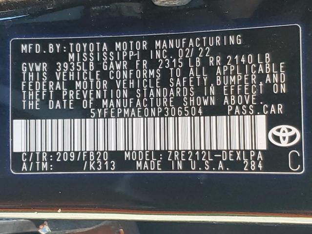 2022 TOYOTA COROLLA LE - 5YFEPMAE0NP306504