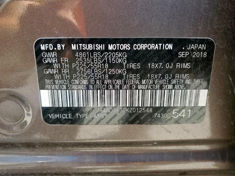 2019 MITSUBISHI OUTLANDER JA4AD3A32KZ012548