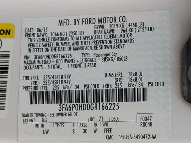 2016 FORD FUSION SE - 3FA6P0HD0GR166225