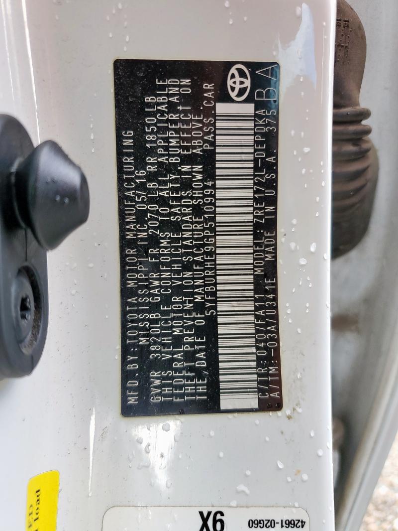 2016 TOYOTA COROLLA L 5YFBURHE9GP510994