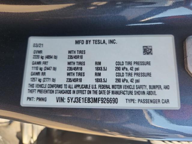 2021 TESLA MODEL 3 - 5YJ3E1EB3MF926690