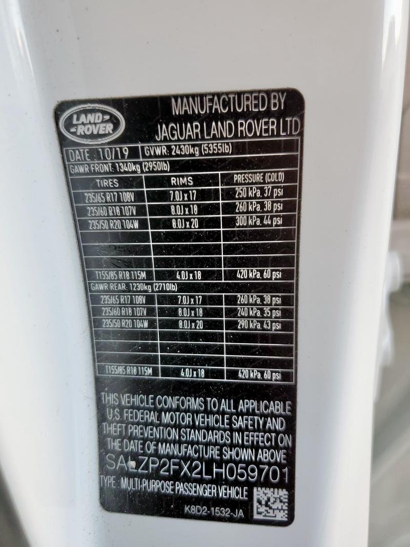 2020 LAND ROVER RANGE ROVE - SALZP2FX2LH059701