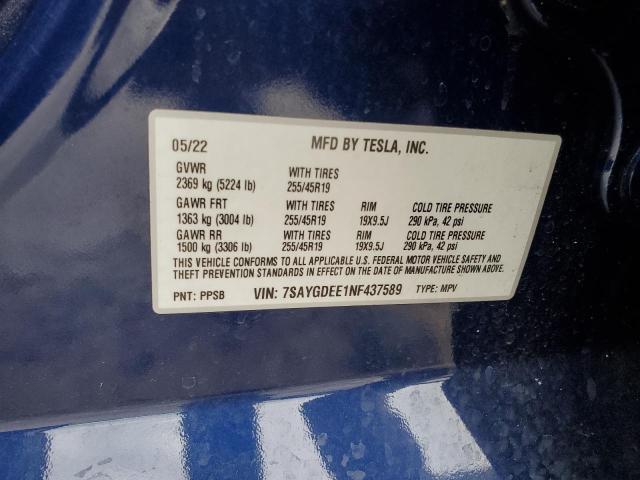 2022 TESLA MODEL Y 7SAYGDEE1NF437589