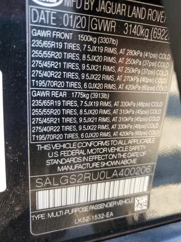2020 LAND ROVER RANGE ROVE SALGS2RU0LA400206