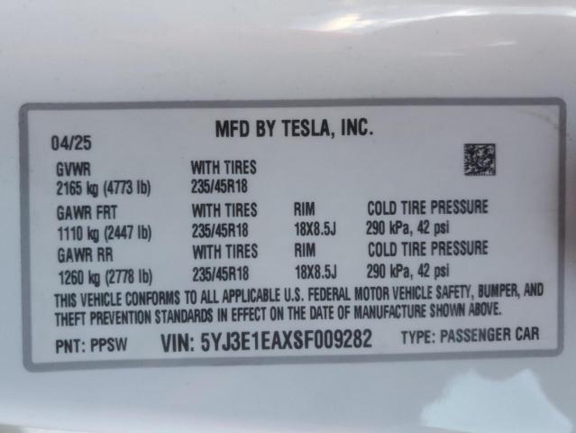 2025 TESLA MODEL 3 - 5YJ3E1EAXSF009282