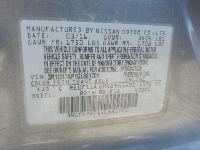 2016 NISSAN VERSA S 3N1CN7AP1GL881701