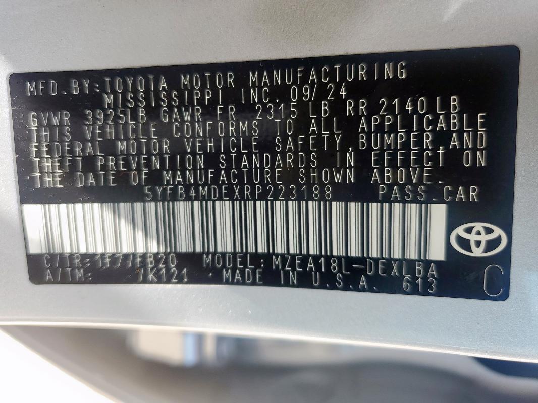 2024 TOYOTA COROLLA LE 5YFB4MDEXRP223188