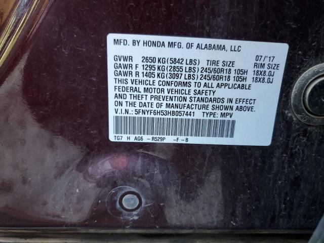 2017 HONDA PILOT EXL 5FNYF6H53HB057441