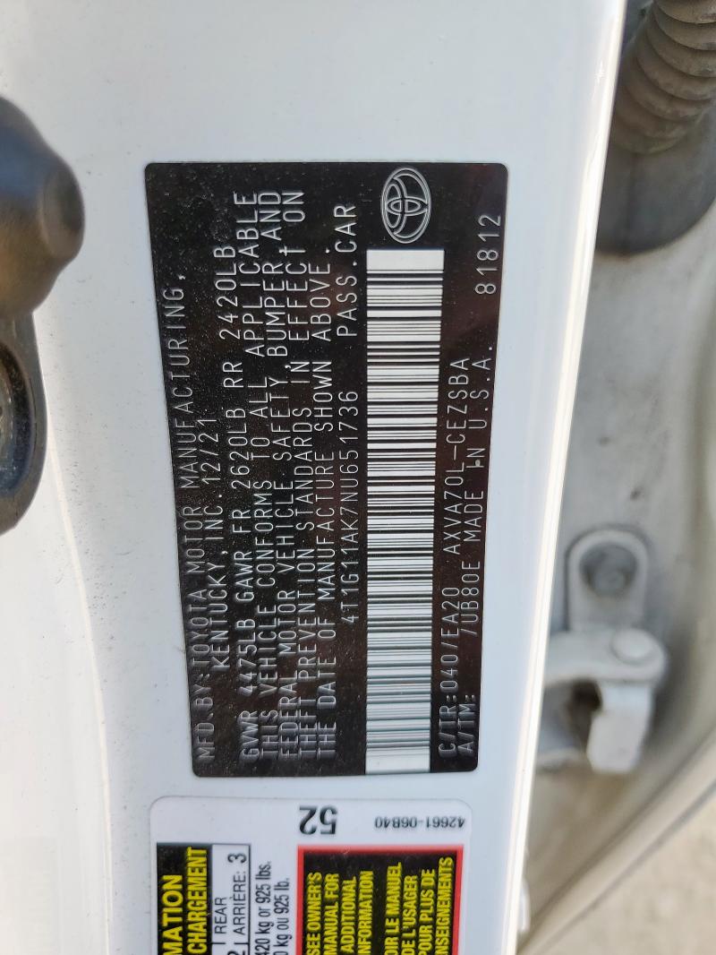 2022 TOYOTA CAMRY SE 4T1G11AK7NU651736