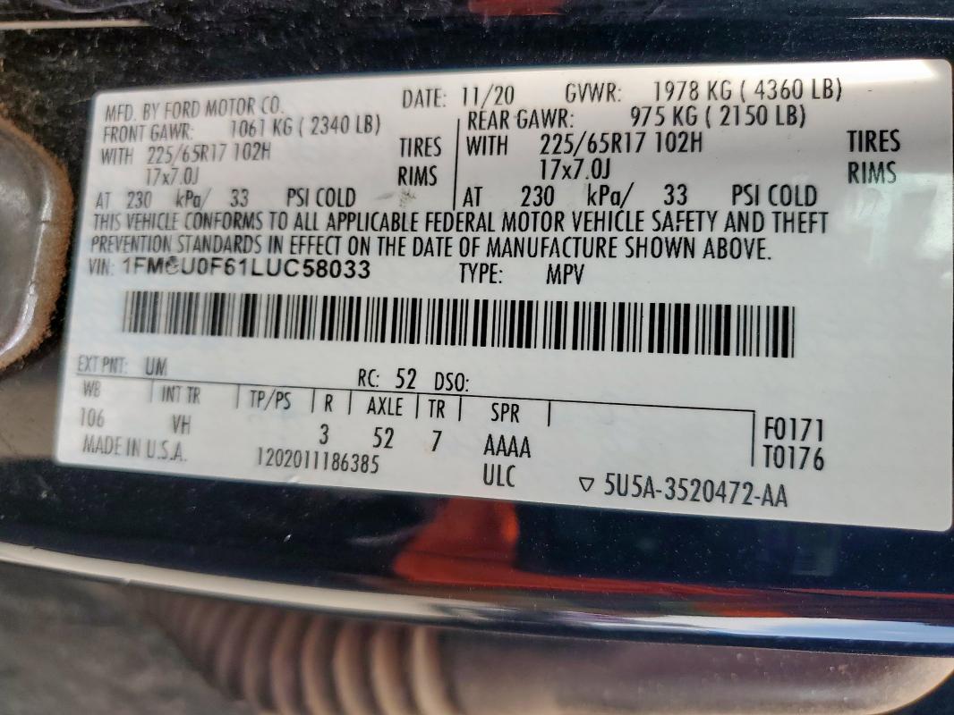 2020 FORD ESCAPE S 1FMCU0F61LUC58033