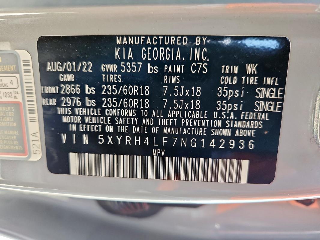 2022 KIA SORENTO 5XYRH4LF7NG142936