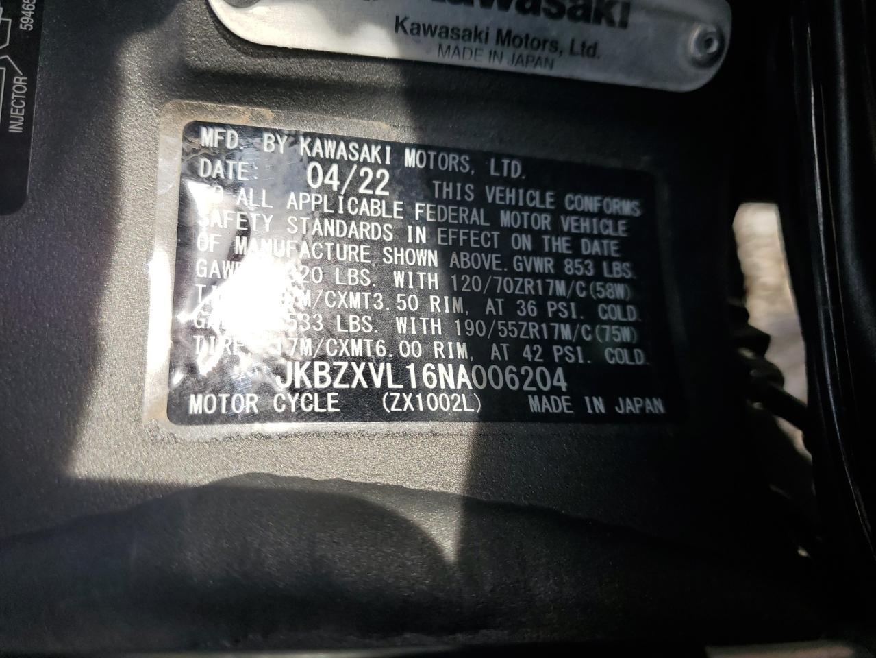 Lot #3278918033 2022 KAWASAKI ZX1002 L