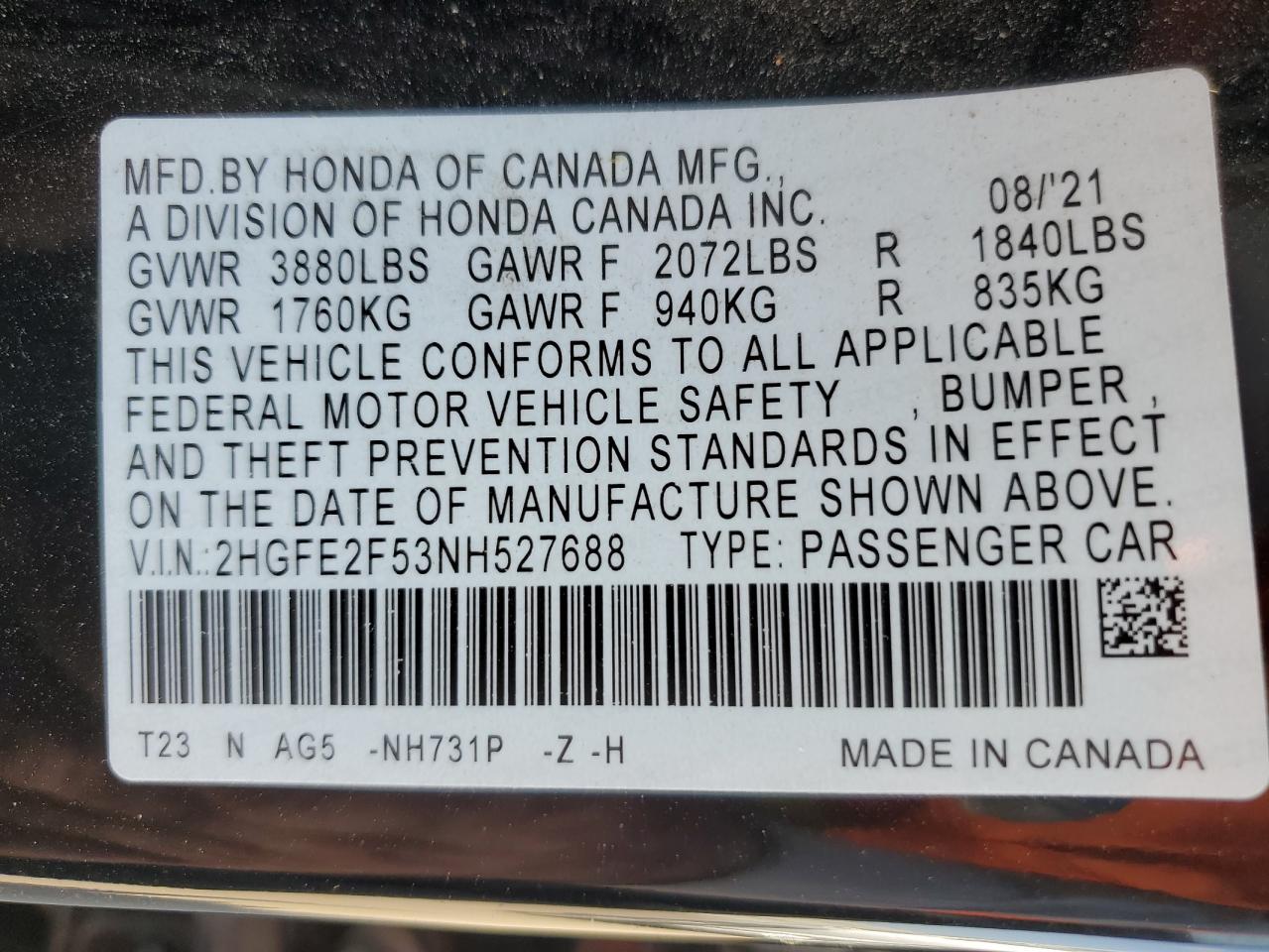 Lot #3302031128 2022 HONDA CIVIC SPOR