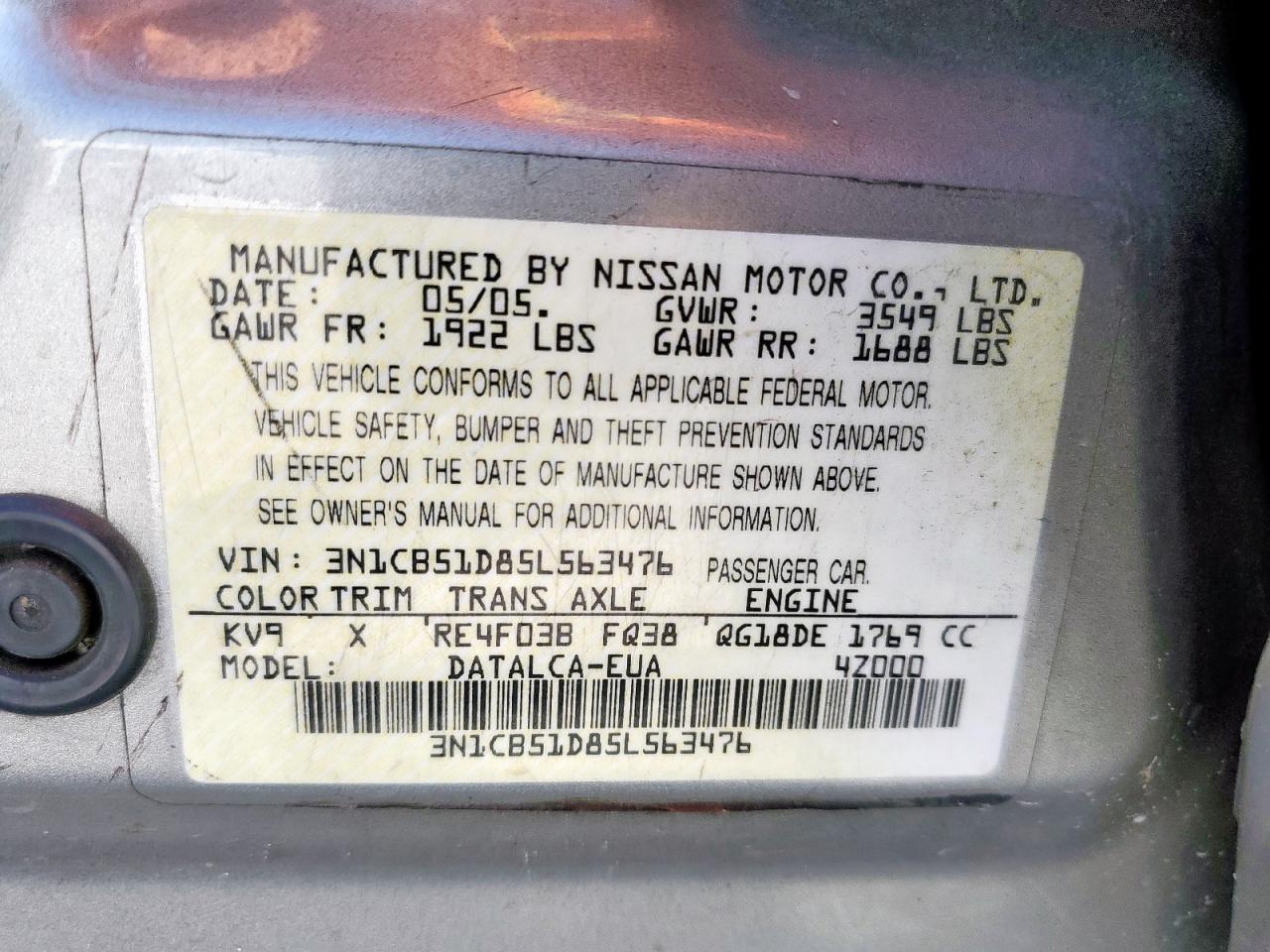 Lot #3287660007 2005 NISSAN SENTRA 1.8