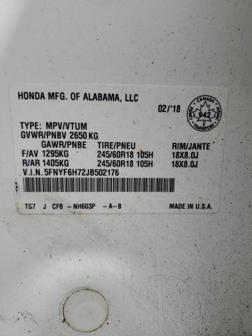 2018 HONDA PILOT EXLN 5FNYF6H72JB502176