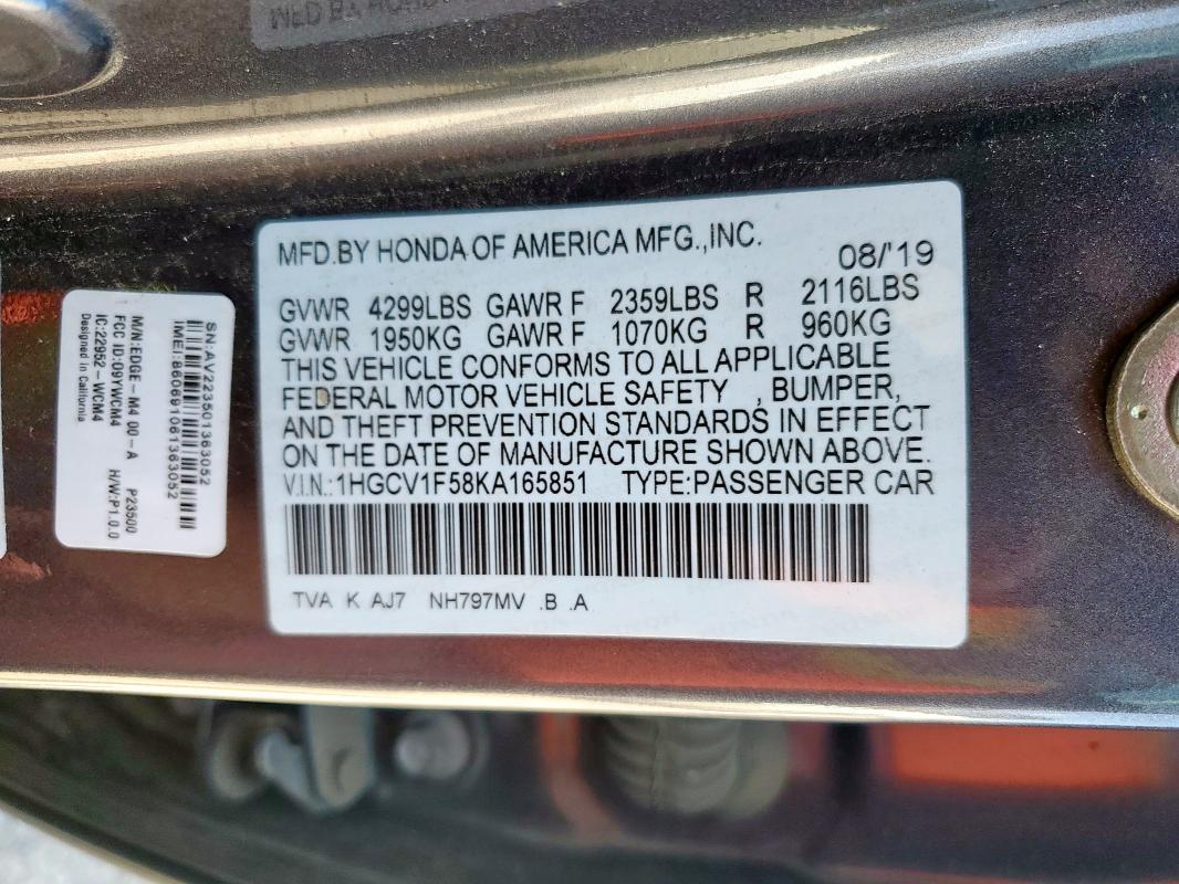 2019 HONDA ACCORD EXL - 1HGCV1F58KA165851