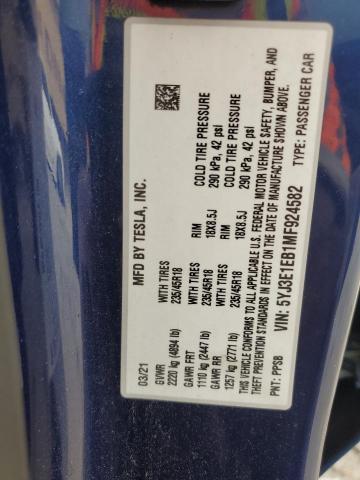 2021 TESLA MODEL 3 5YJ3E1EB1MF924582