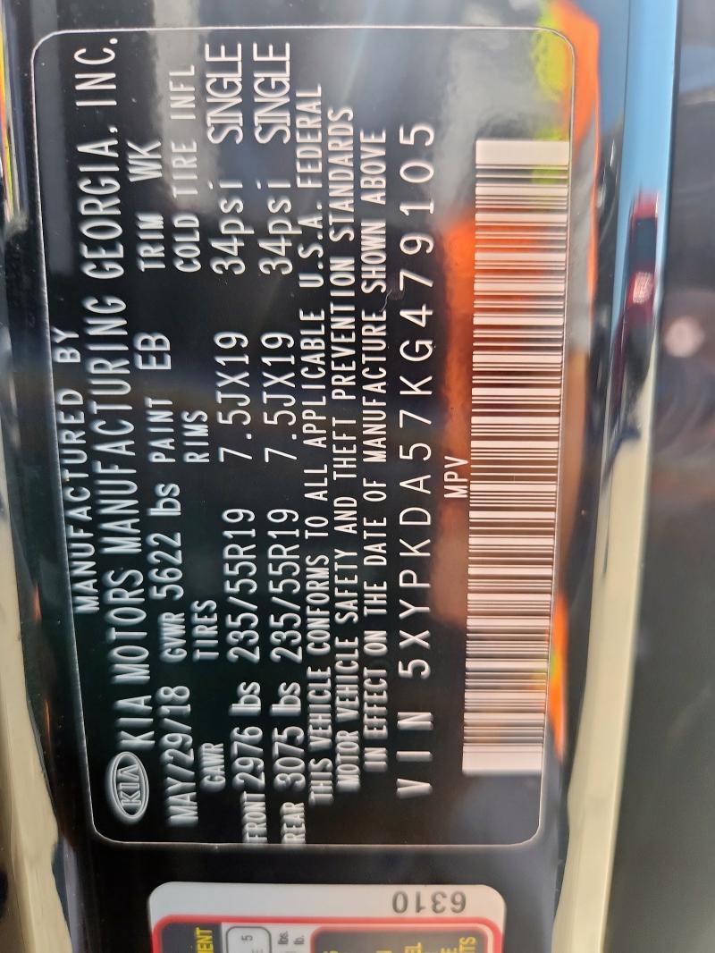 2019 KIA SORENTO SX 5XYPKDA57KG479105