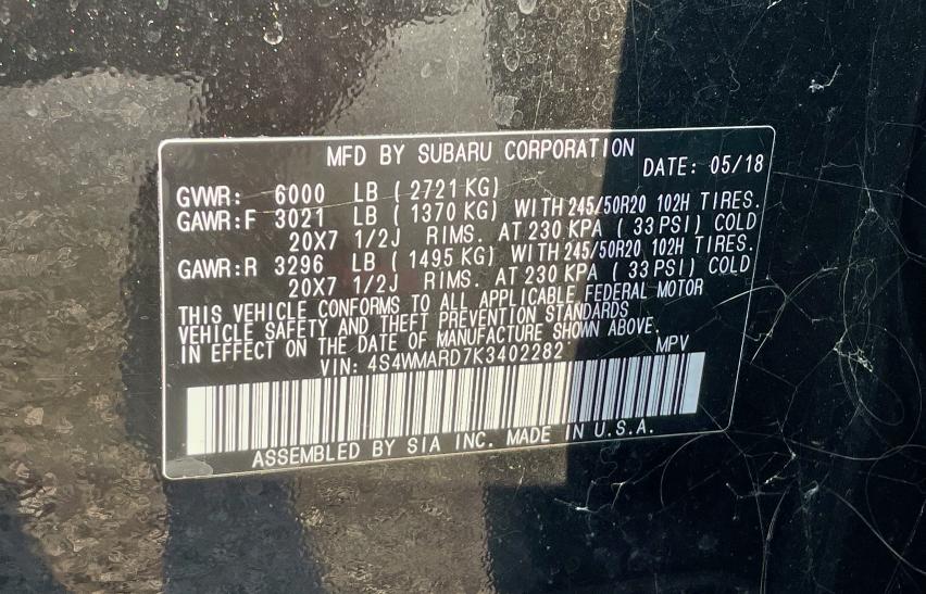 2019 SUBARU ASCENT TOU 4S4WMARD7K3402282