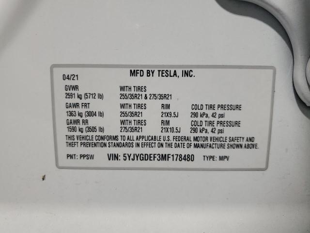 2021 TESLA MODEL Y 5YJYGDEF3MF178480