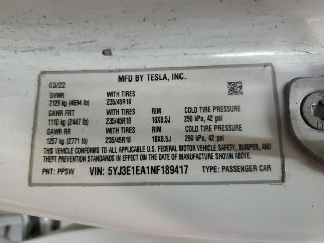 2022 TESLA MODEL 3 5YJ3E1EA1NF189417