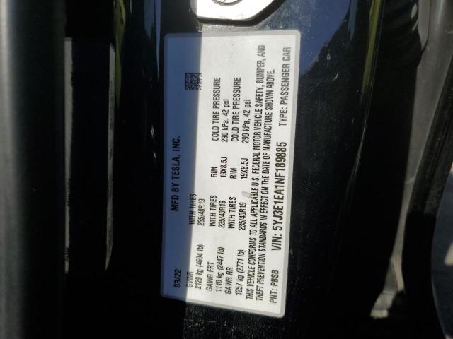 2022 TESLA MODEL 3 5YJ3E1EA1NF189885