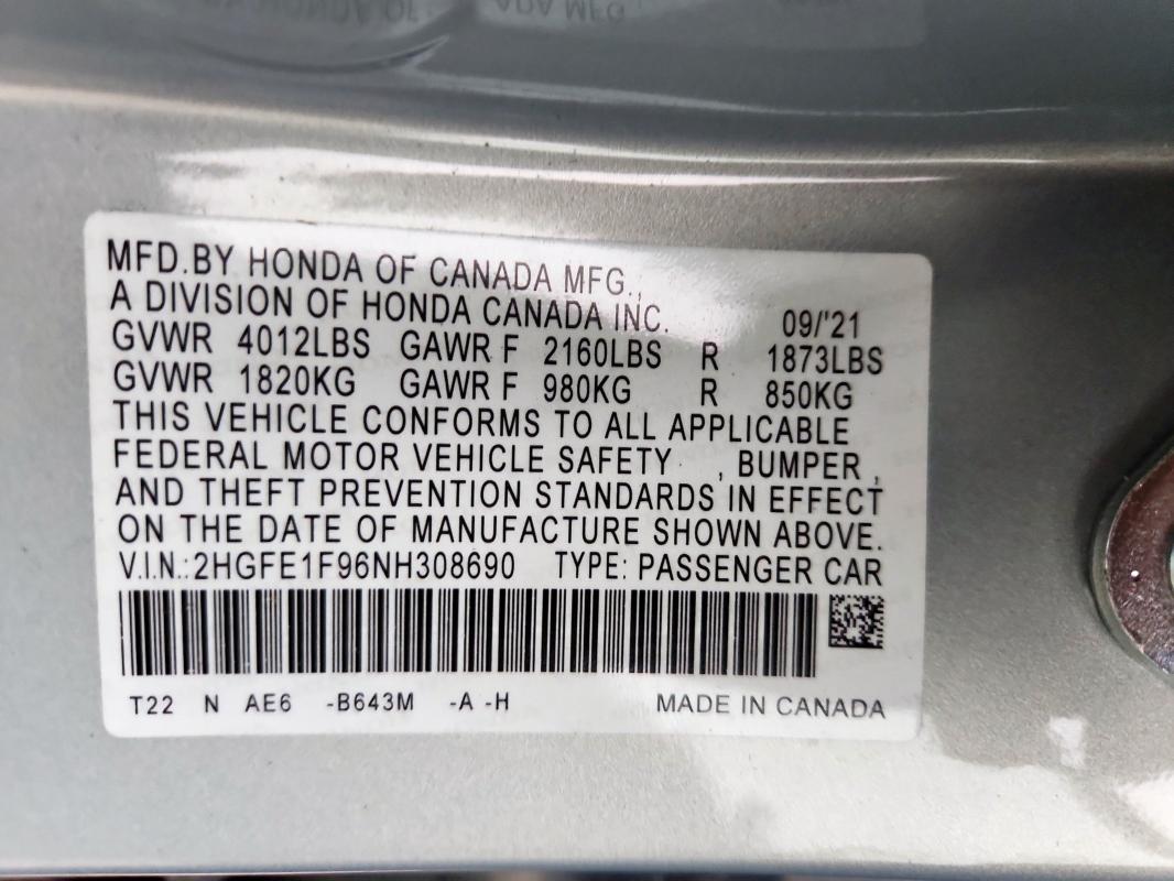 2022 HONDA CIVIC TOUR 2HGFE1F96NH308690