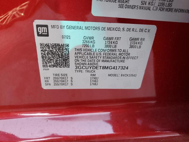 2021 CHEVROLET SILVERADO 3GCUYDET8MG417324