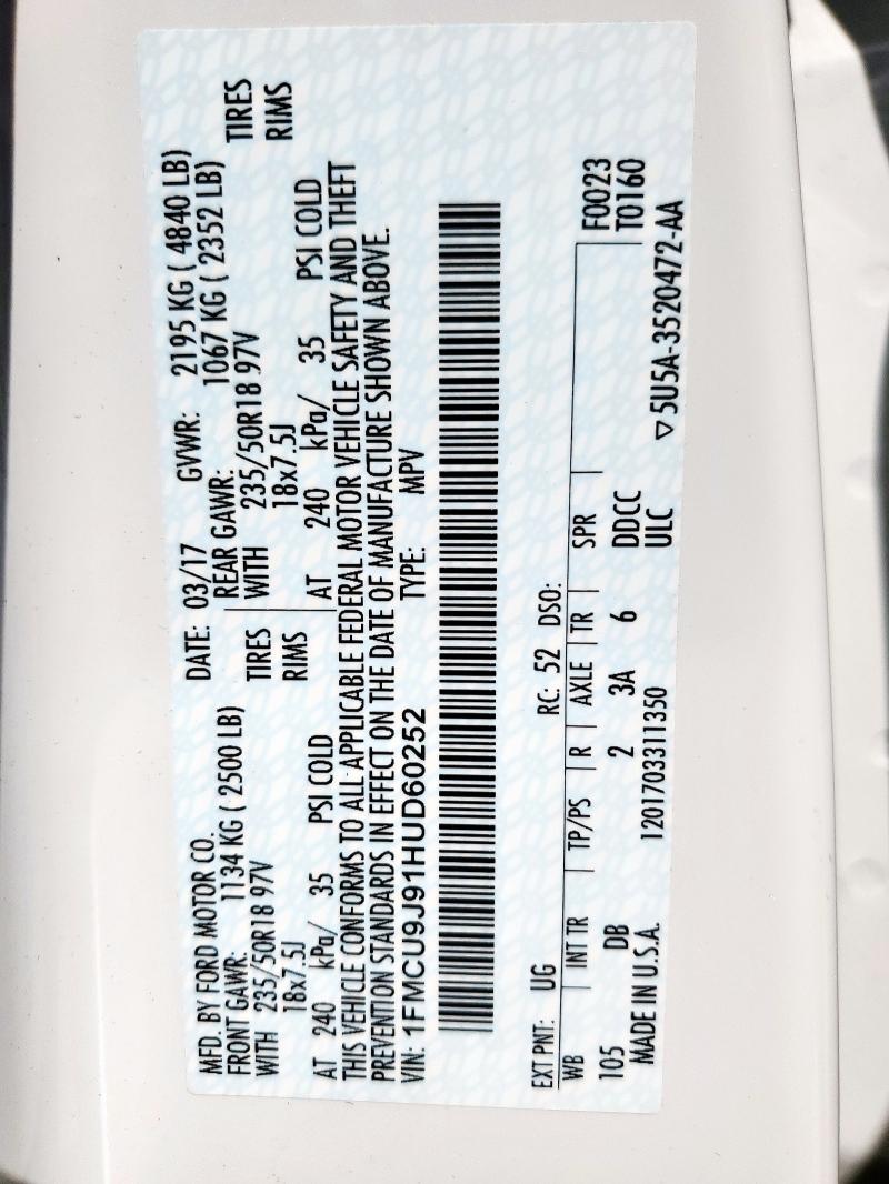 2017 FORD ESCAPE TIT - 1FMCU9J91HUD60252