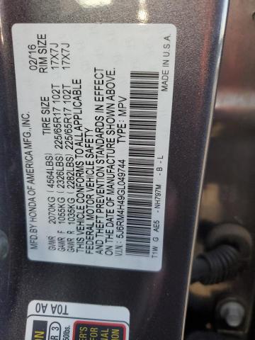 2016 HONDA CR-V SE 5J6RM4H49GL049744