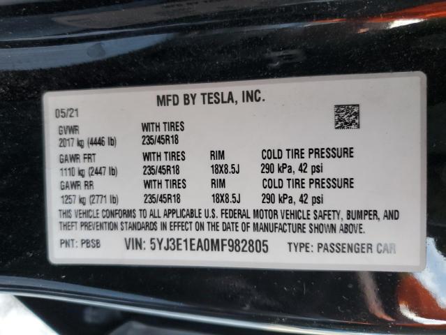 2021 TESLA MODEL 3 5YJ3E1EA0MF982805