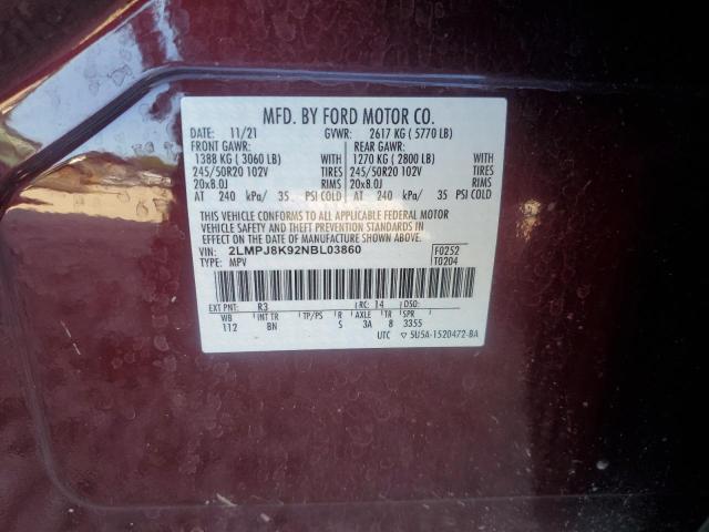 2022 LINCOLN NAUTILUS RESERVE 2LMPJ8K92NBL03860