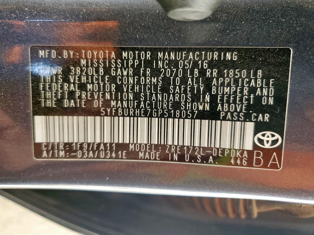 2016 TOYOTA COROLLA L #3278886051