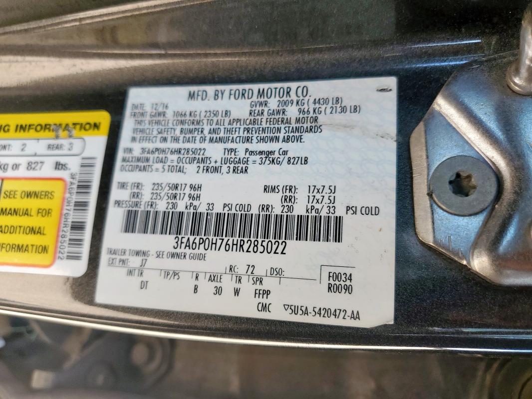 2017 FORD FUSION SE 3FA6P0H76HR285022