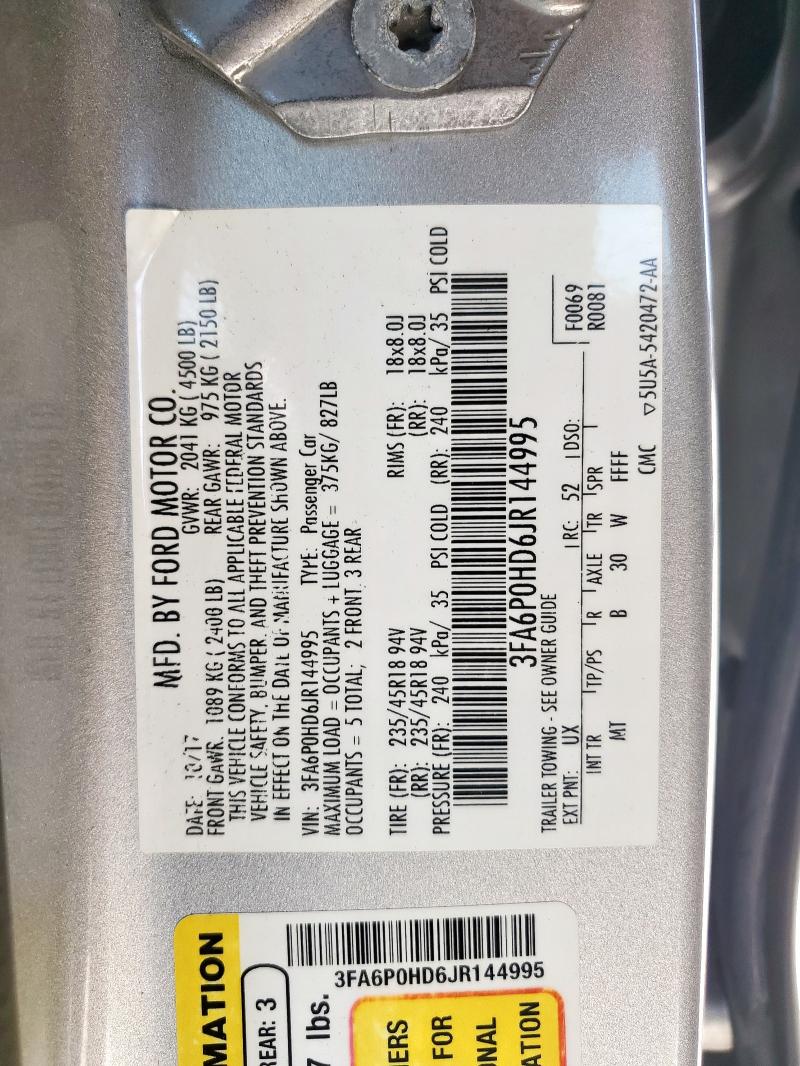 2018 FORD FUSION SE 3FA6P0HD6JR144995