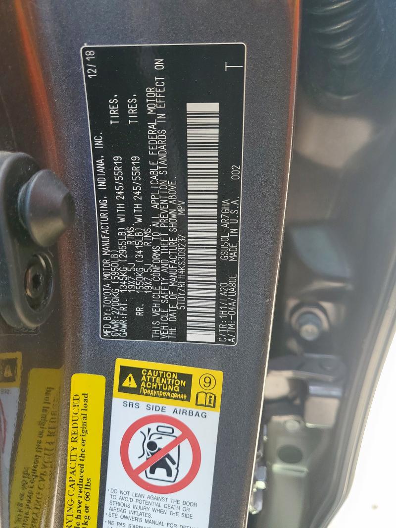 2019 TOYOTA HIGHLANDER LIMITED 5TDYZRFH4KS309237