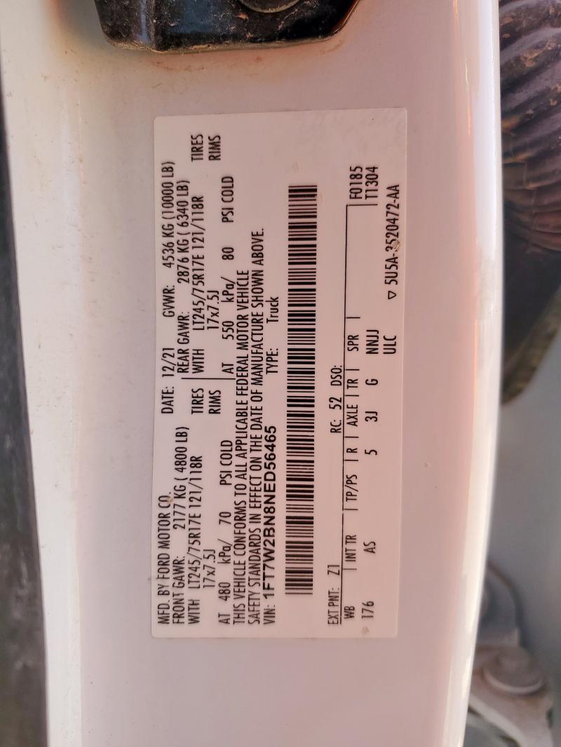 2022 FORD F250 SUPER DUTY XL 1FT7W2BN8NED56465