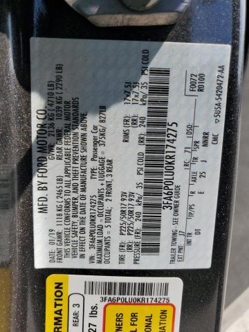 2019 FORD FUSION SE 3FA6P0LU0KR174275
