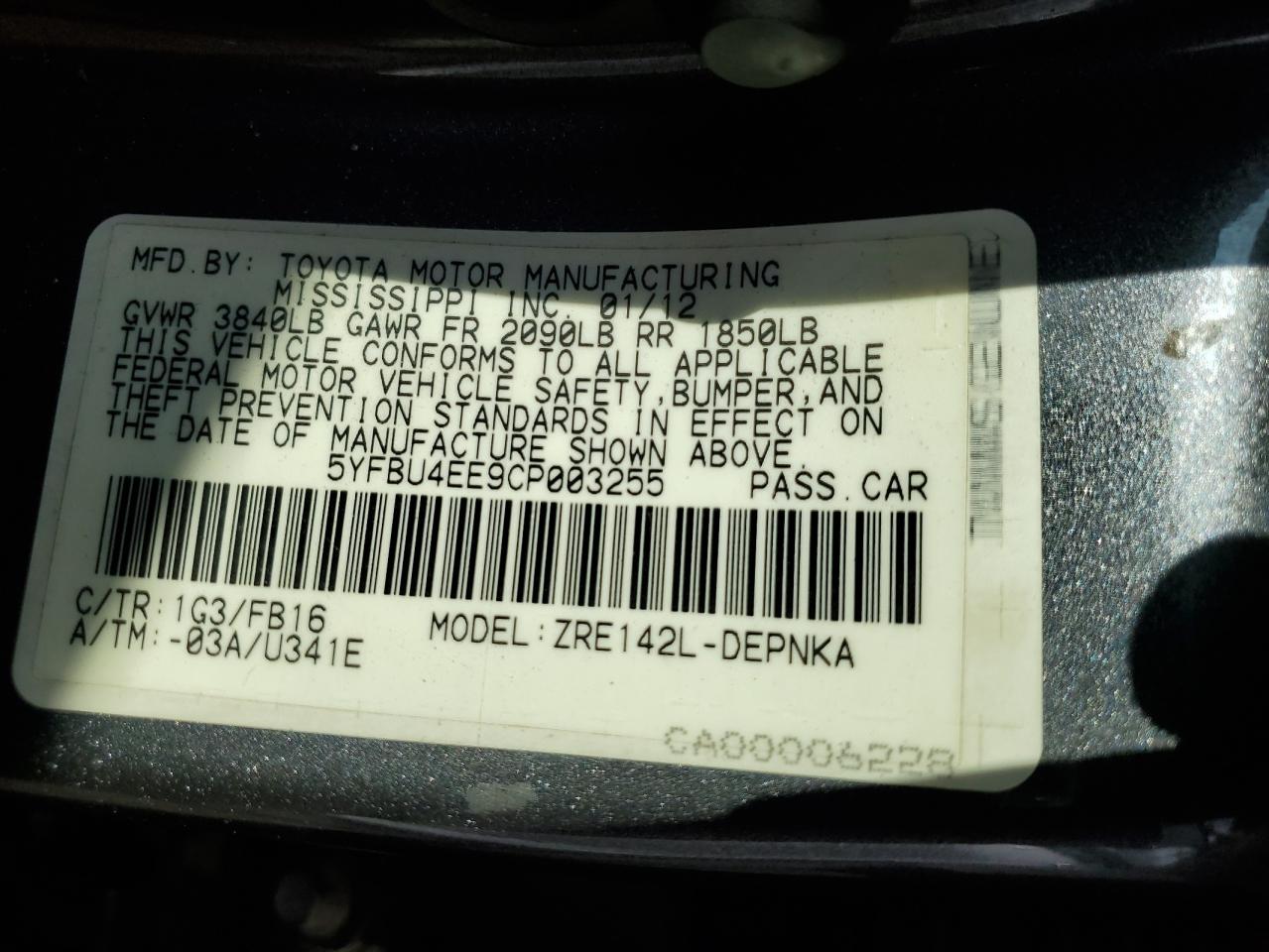 Lot #3245388428 2012 TOYOTA COROLLA