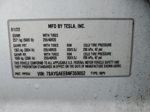 2022 TESLA MODEL Y 7SAYGAEE8NF359052
