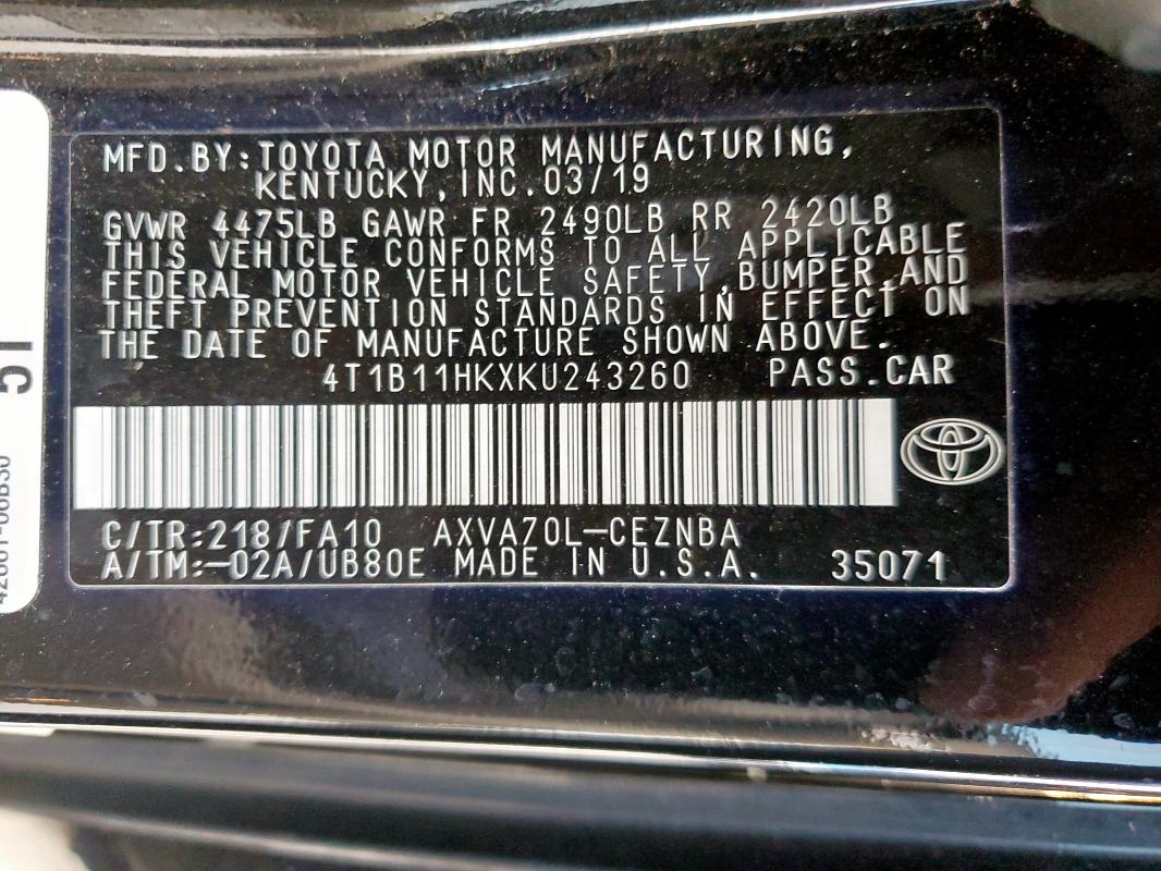 2019 TOYOTA CAMRY L 4T1B11HKXKU243260