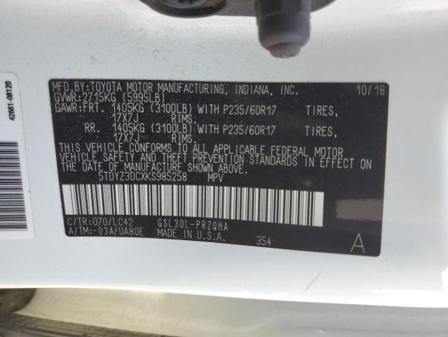 2019 TOYOTA SIENNA XLE 5TDYZ3DCXKS985258