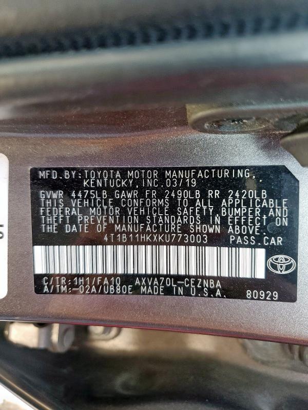 2019 TOYOTA CAMRY L 4T1B11HKXKU773003