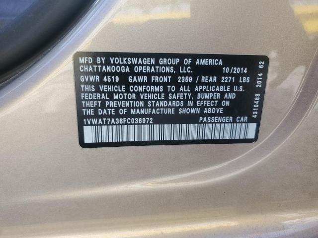 2015 VOLKSWAGEN PASSAT S 1VWAT7A36FC036972