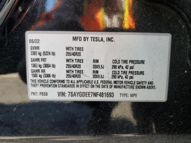 2022 TESLA MODEL Y 7SAYGDEE7NF481693