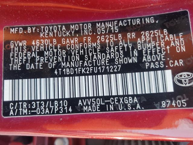 2015 TOYOTA CAMRY HYBRID 4T1BD1FK2FU171227