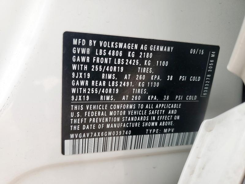 2016 VOLKSWAGEN TIGUAN S WVGAV7AX6GW039740