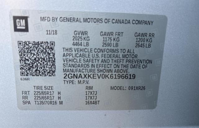 2019 CHEVROLET EQUINOX LT 2GNAXKEV0K6196619